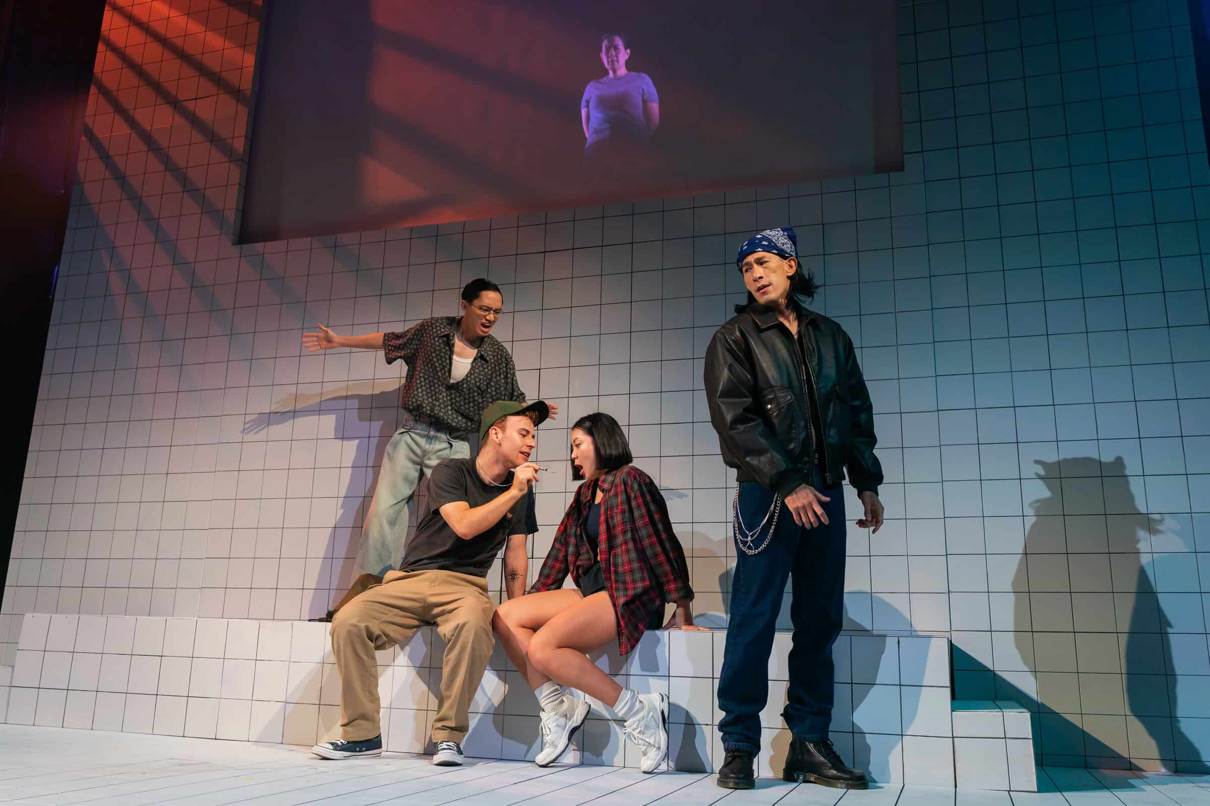 SGTP1993-3 The entire cast (Teoh Jun Vinh as Jun Hao, Jackson Hurwood as Tony, Coco Wang Ling as Candice, Shane Mardjuki as DJ Phil and Karen Tan as adult Candice) on stage